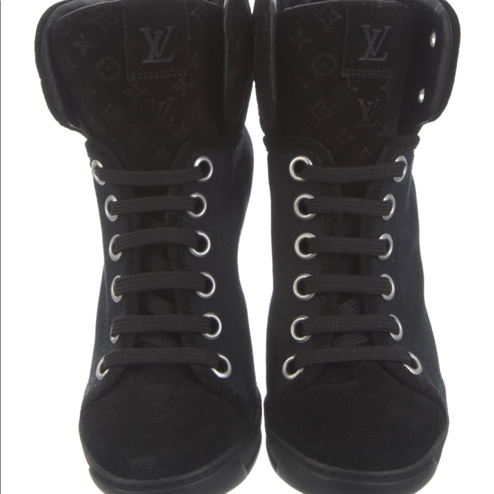 Louis Vuitton canvas and suede black wedges 36.5